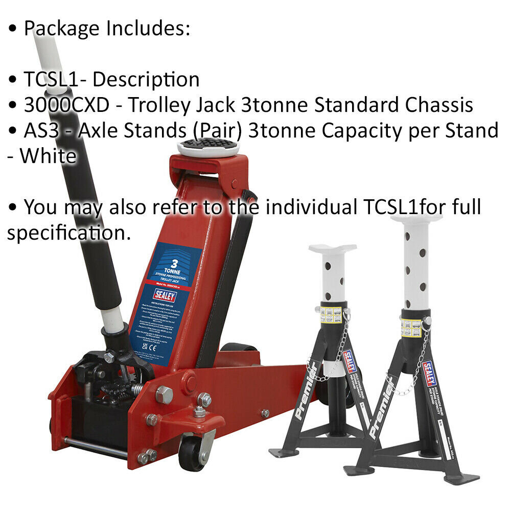 Hydraulic Trolley Jack & 2 x Axle Stand Kit - 3000kg Capacity - Heavy Base